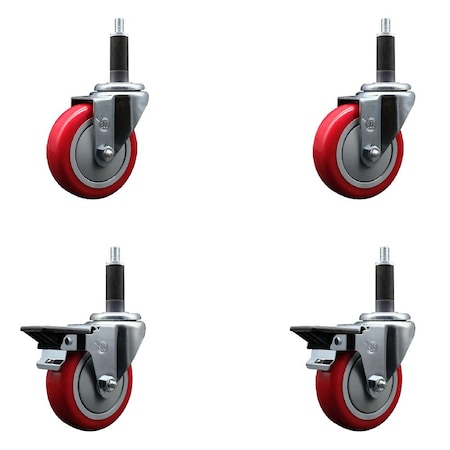 Service Caster 4'' Red Poly Wheel Swivel 1'' Expanding Stem Caster Set 2 Brakes, 4PK SCC-EX20S414-PPUB-RED-2-PLB-2-1